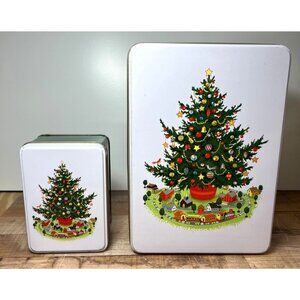 Set Of 2 Christmas Heritage By Pfaltzgraff Holiday Tins With Tree Green & White
